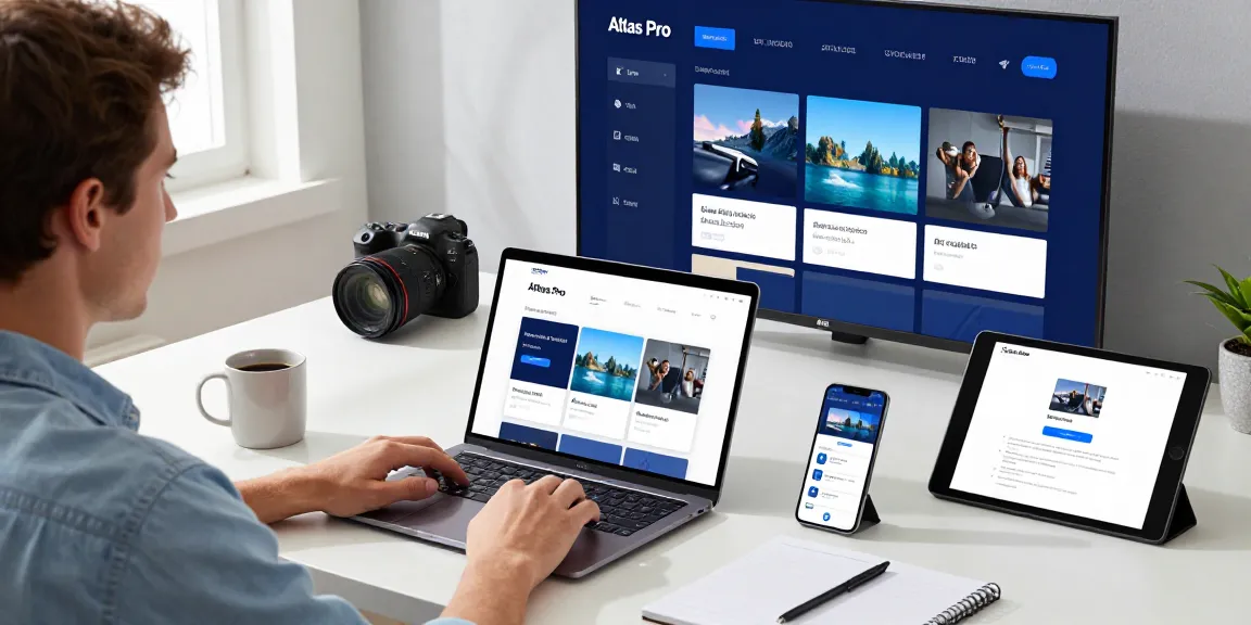 Installation de l'application atlas pro ontv sur un ordinateur avec des appareils connectés, créant un environnement de divertissement.