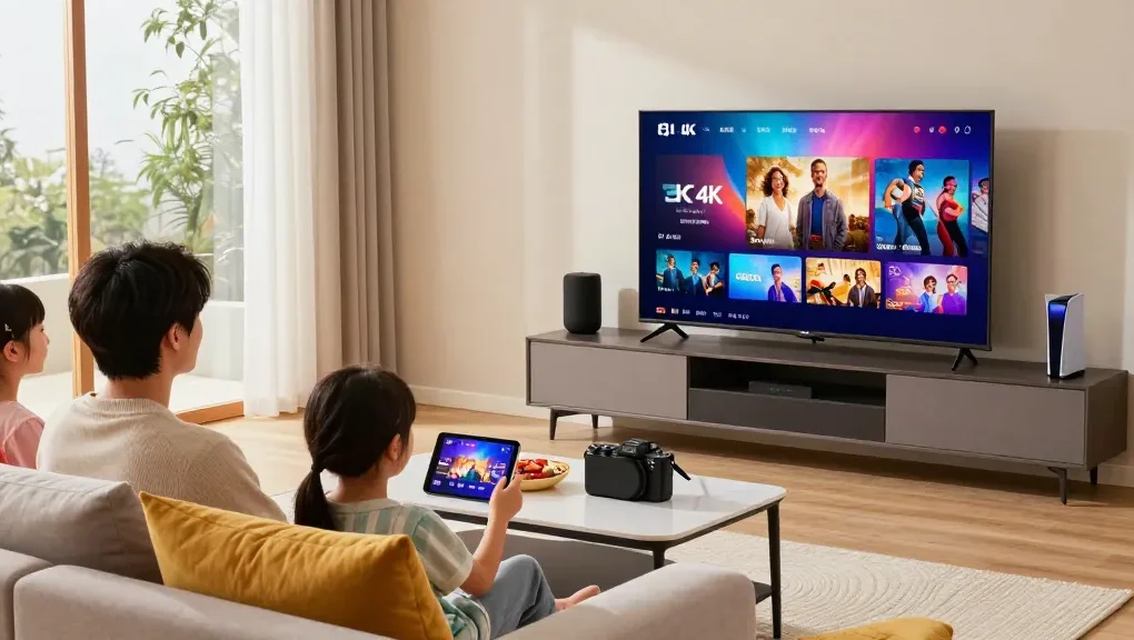 Un utilisateur satisfait regardant Atlas pro ontv en 4K sur un grand écran dans un salon moderne.