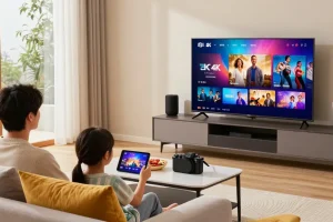 Un utilisateur satisfait regardant Atlas pro ontv en 4K sur un grand écran dans un salon moderne.