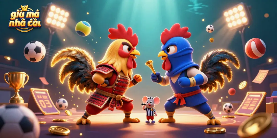 Betting action in giải mã nhà cái featuring twin roosters in combat amid sports elements.