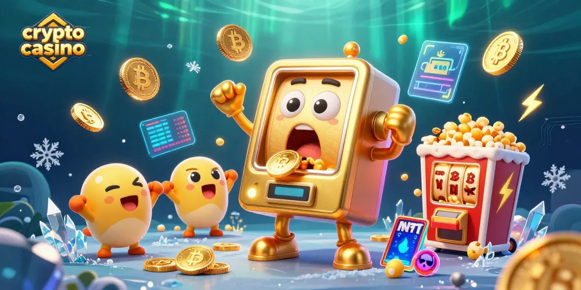 Jouez au casino crypto avec des machines à sous et des pièces de bitcoin étincelantes dans une scène festive.