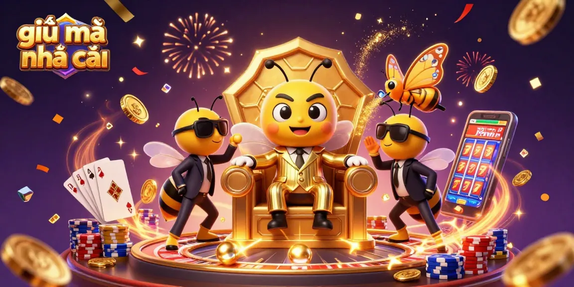 Engage with the illustration of "giải mã nhà cái", featuring a dynamic bumblebee mob boss surrounded by gambling riches.