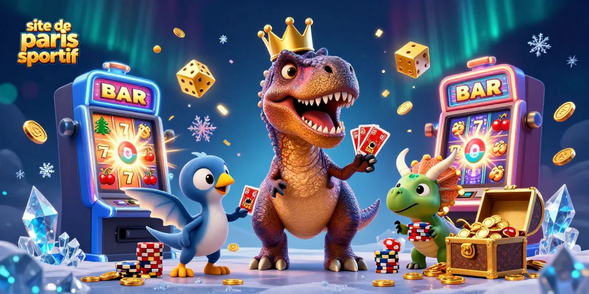 Visualisez le site de paris sportif avec un T-Rex jouant aux cartes, une mascotte agréable pour le jeu.