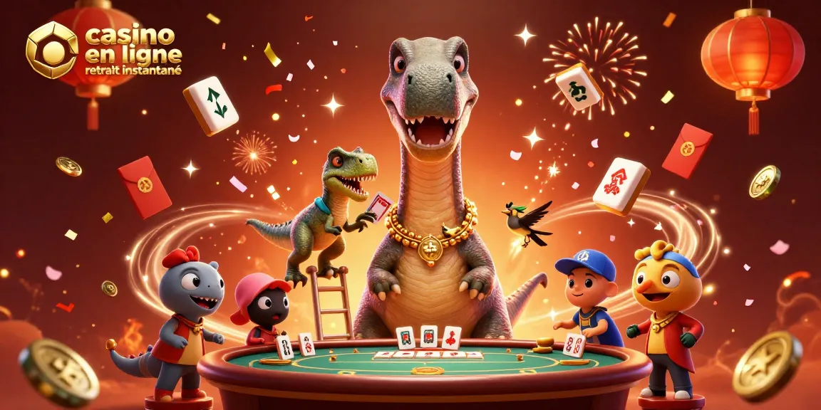 Jouez au casino en ligne retrait instantané avec un brontosaurus géant et un raptor dans une scène festive.