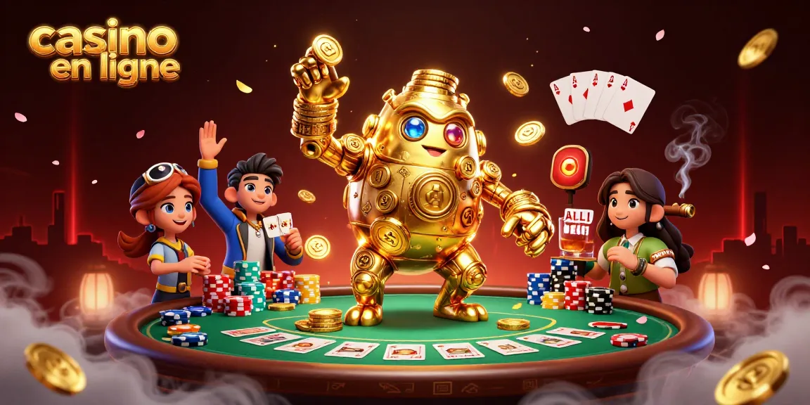 Plongée dans le monde du casino en ligne avec un golem doré animé et des éléments de poker flamboyants.