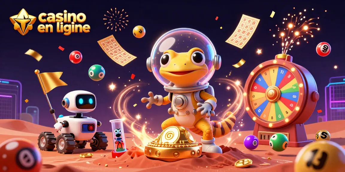 Plongez dans l'univers du casino en ligne avec cette illustration dynamique d'un gecko martien découvrant un casino doré sur Mars.