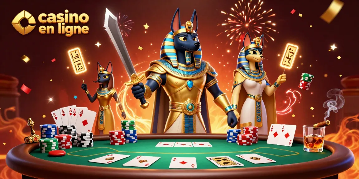 Jouer sur un casino en ligne captivant avec Anubis et Bastet entourés de jetons de poker et de jeux de cartes.