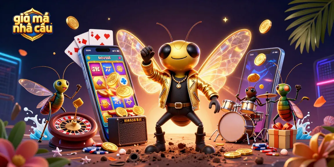 Experience the thrill of giải mã nhà cái with a vibrant 3D casino scene featuring a rock star cicada, slots, and more.
