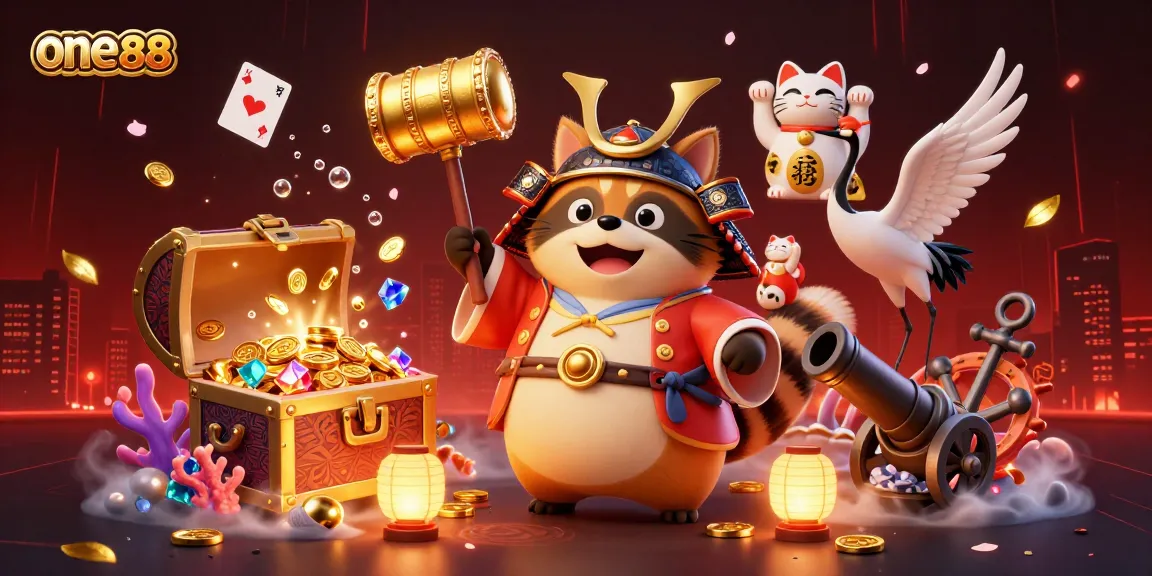 Engage with one88's vibrant online gaming scene featuring a lucky tanuki and casino elements.