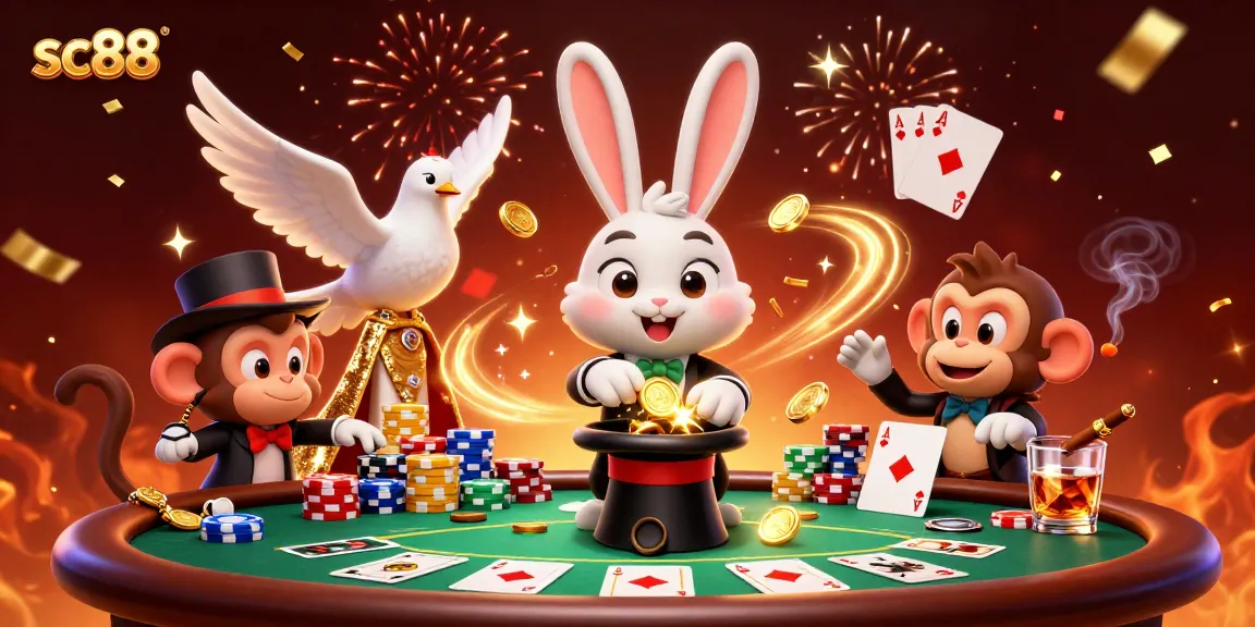 Play sc88 with a magician rabbit, poker chips, and confetti in a vibrant casino scene.