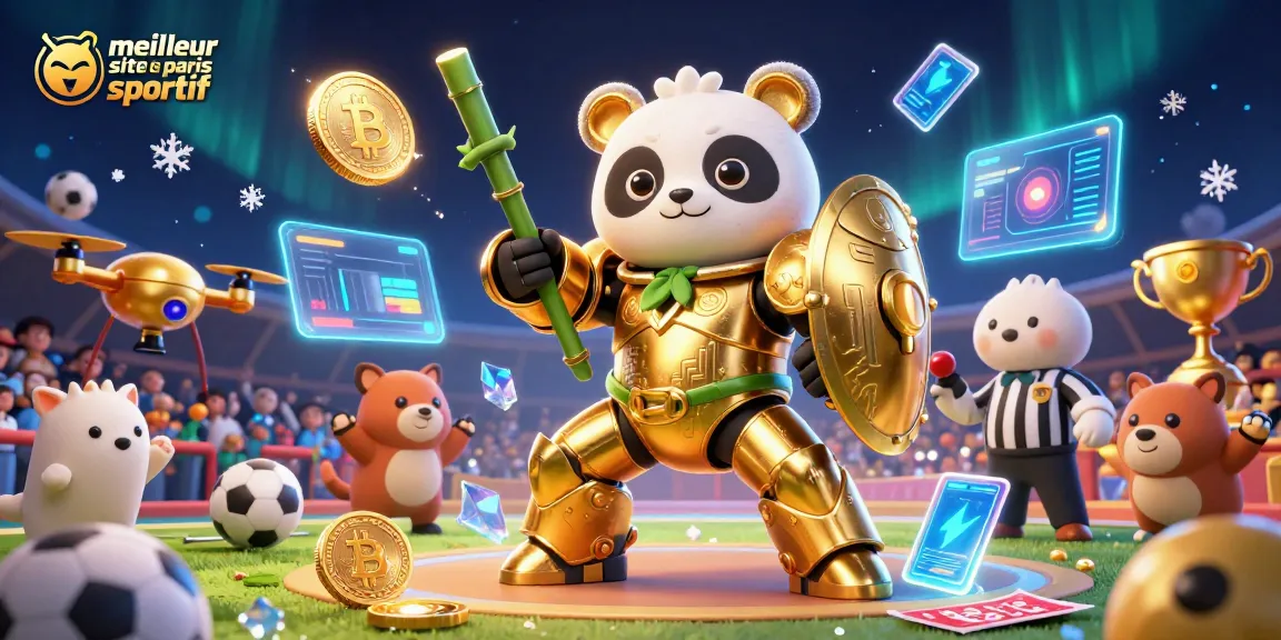 Meilleur site de paris sportif avec un panda mécanique dans une arène de paris sportifs entouré d'effets scintillants.