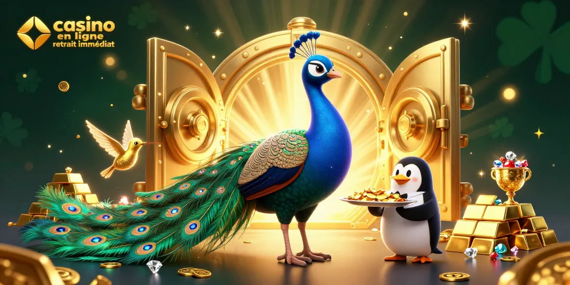 Engagez-vous à casino en ligne retrait immédiat avec une illustration vibrante de personnages de casino et trésors.