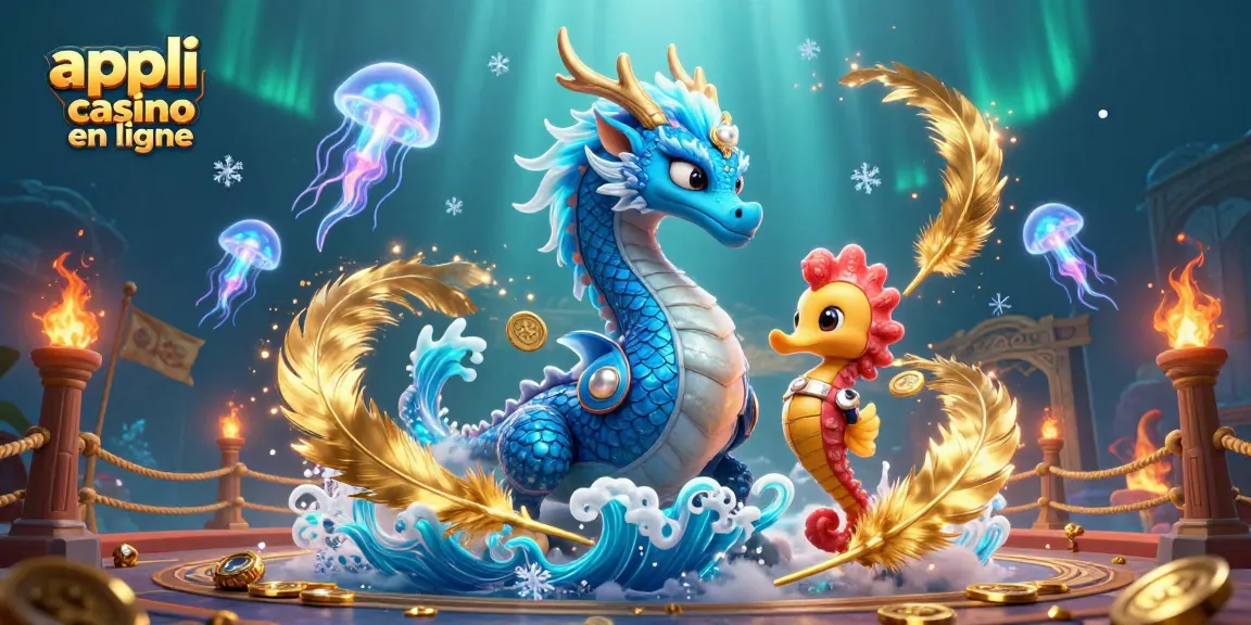 Illustrez l'appli casino en ligne avec un dragon azur, un chevalier hippocampe et des méduses vives.