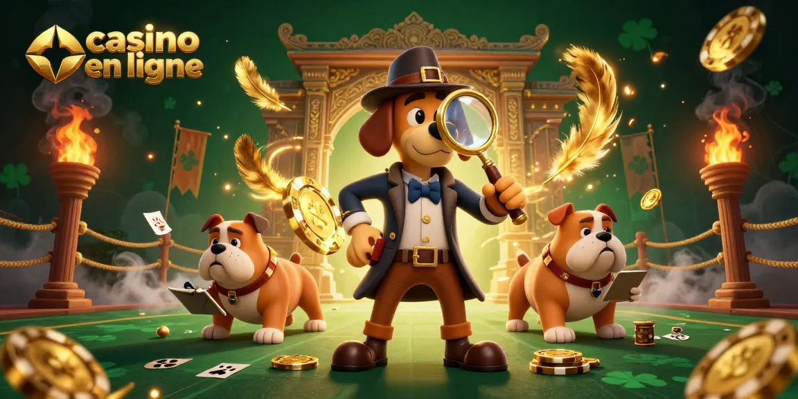 Une illustration dynamique évoquant le casino en ligne où un chien détective examine un jeton de poker doré, accompagné de son fidèle bulldog.