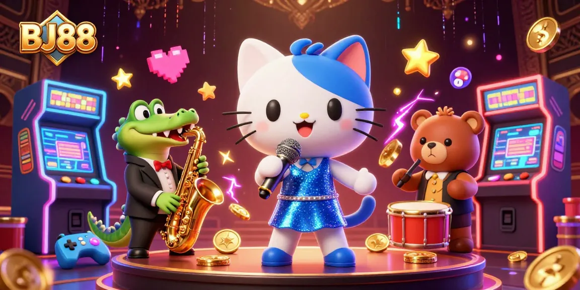 Experience the excitement of BJ88's vibrant casino with a jazz-singer cat and animated games.