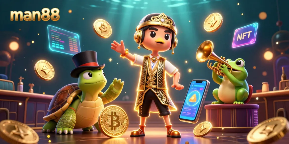 Engage with thrilling games at man88, featuring a vibrant 3D illustration embodying excitement and crypto elements.