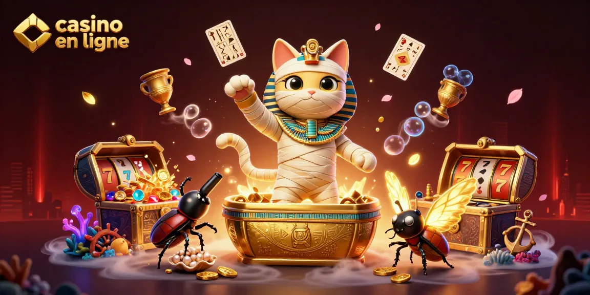 Un chat momie égyptien émergeant d'un sarcophage dans un casino en ligne, entouré de symboles et de trésors.
