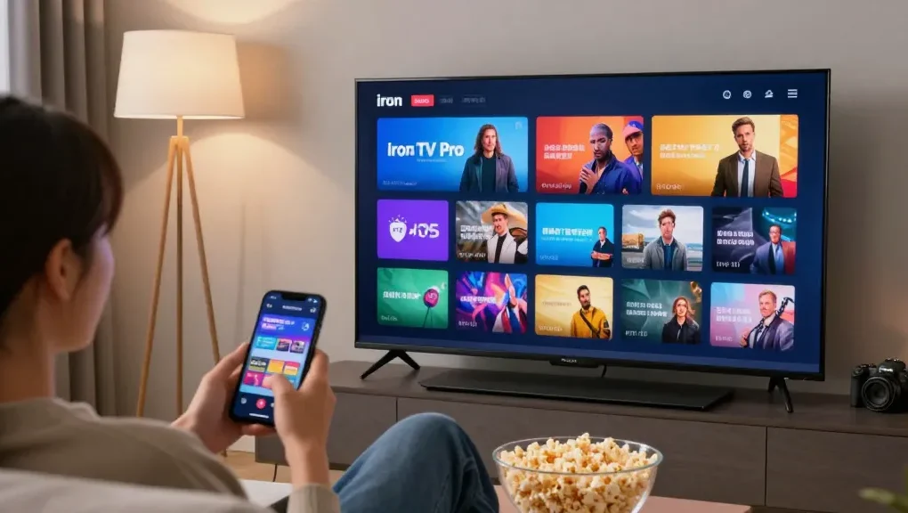Expérience immersive avec Iron TV Pro dans un salon moderne, télévision affichant des chaînes HD.