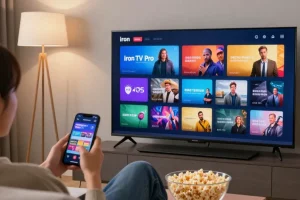 Expérience immersive avec Iron TV Pro dans un salon moderne, télévision affichant des chaînes HD.