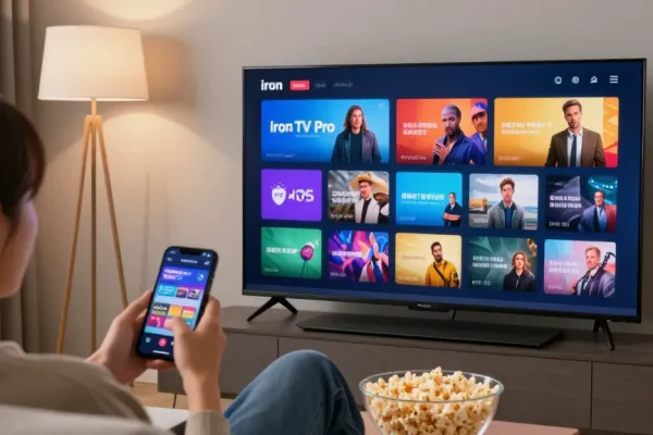 Expérience immersive avec Iron TV Pro dans un salon moderne, télévision affichant des chaînes HD.