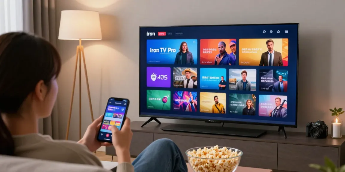 Expérience immersive avec Iron TV Pro dans un salon moderne, télévision affichant des chaînes HD.