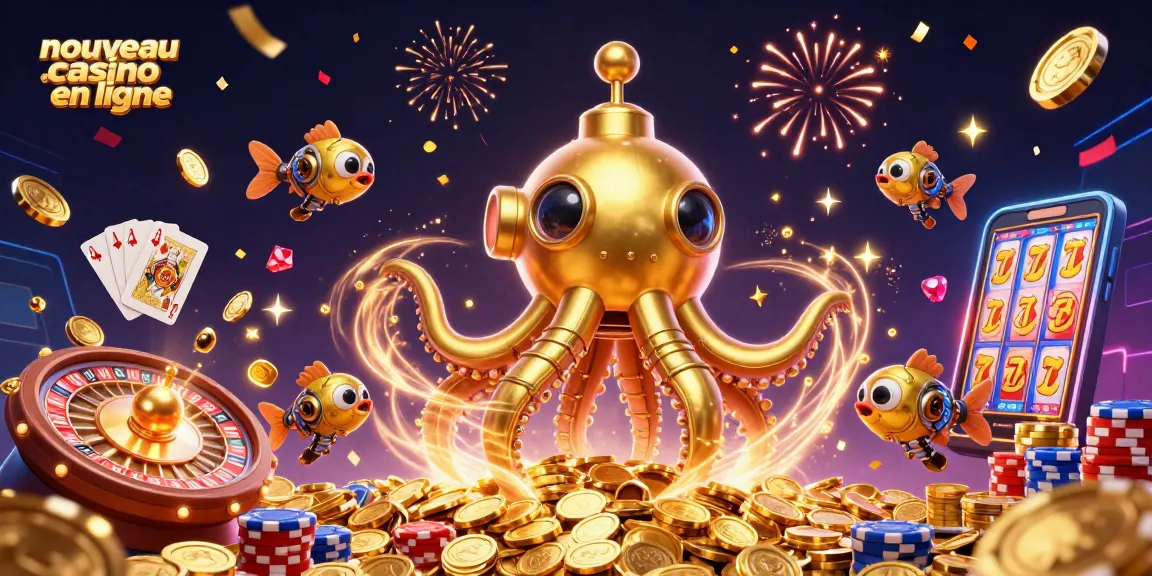 Illustrez votre victoire au nouveau casino en ligne avec un kraken doré et des jetons brillants.