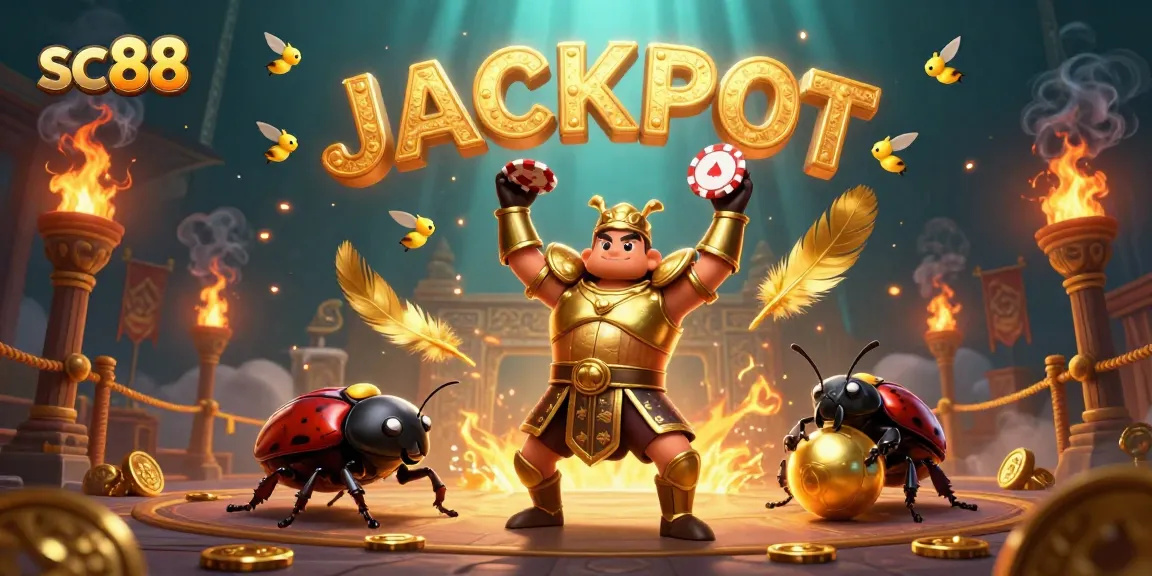 Engage in thrilling sc88 action with a victorious gladiator beetle and dynamic casino elements.