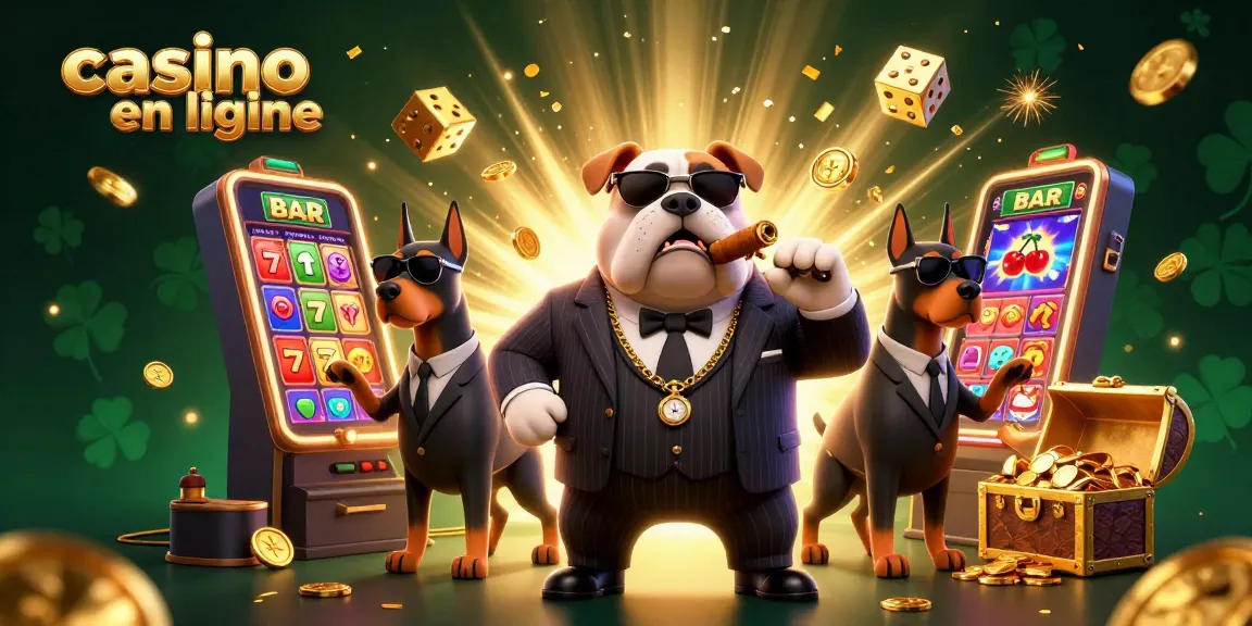 Visualisez un bulldog mafieux en costume à trois pièces entouré de jeux de casino en ligne dynamiques.