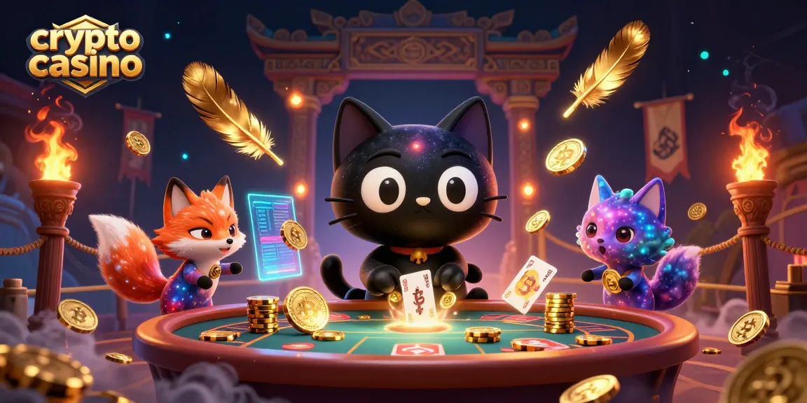 Profitez de l'univers du crypto casino avec un chat noir cosmique attirant des jetons d'or et des cartes